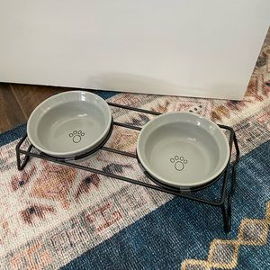 Set of ceramic pet food bowls with stand